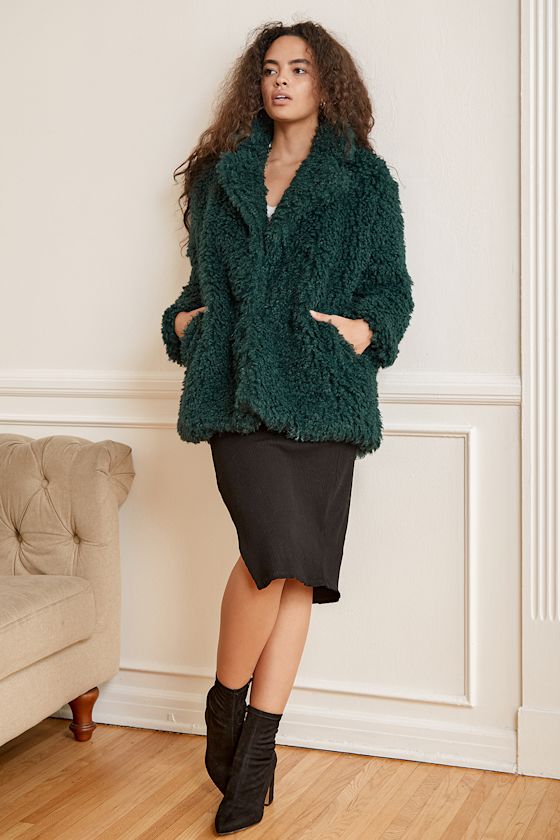 Looking Chill Hunter Green Faux Fur Coat 1