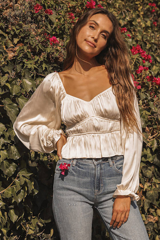 Sophisticate Cream Satin Ruched Long Sleeve Top 1