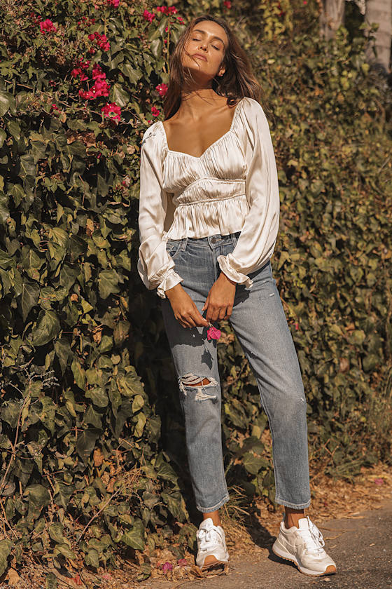 Sophisticate Cream Satin Ruched Long Sleeve Top 6