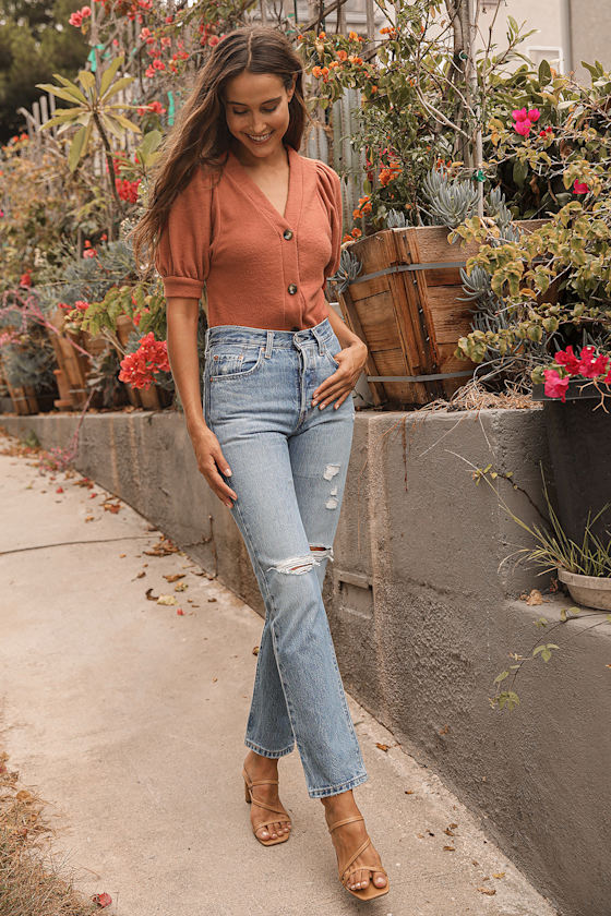 Good Attitude Rust Orange Button Front Puff Sleeve Sweater Top 6
