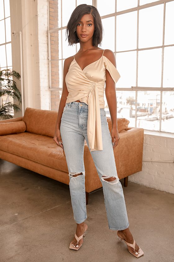 Catch Your Attention Champagne Satin One Shoulder Tank Top 7