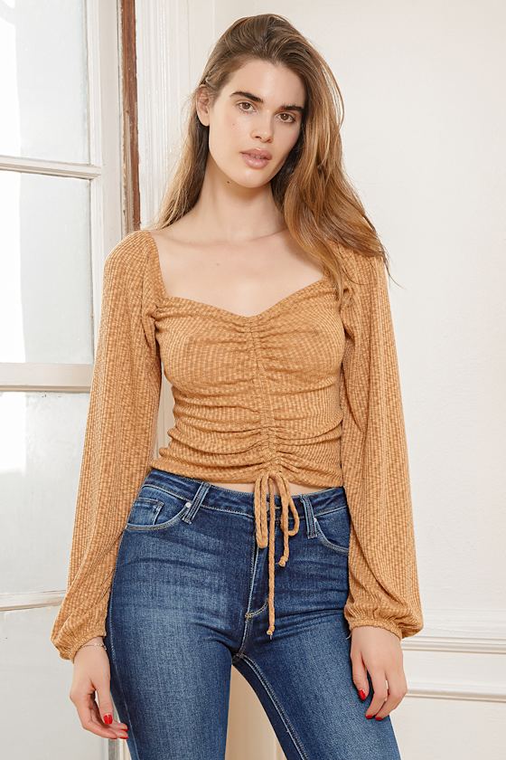 CAMEL Ribbed Collar Top
