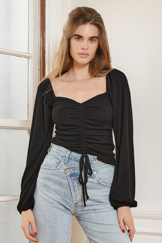 Black Ribbed Crop Top - Balloon Sleeve Top - Ruched Top - Lulus