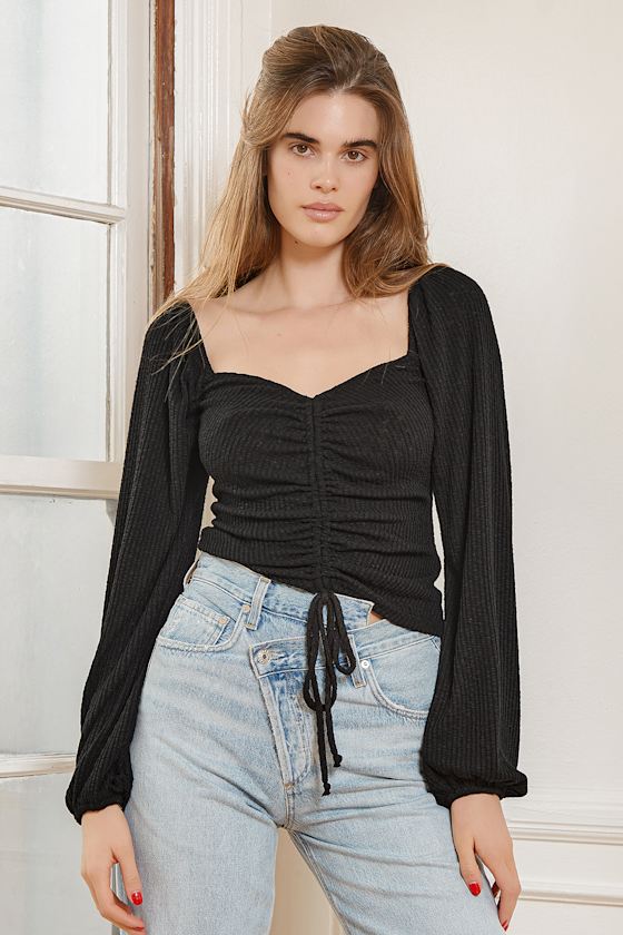 Black Ribbed Crop Top - Balloon Sleeve Top - Ruched Top - Lulus