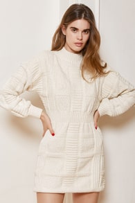 Patchwork It Cream Cable Knit Cutout Sweater Dress