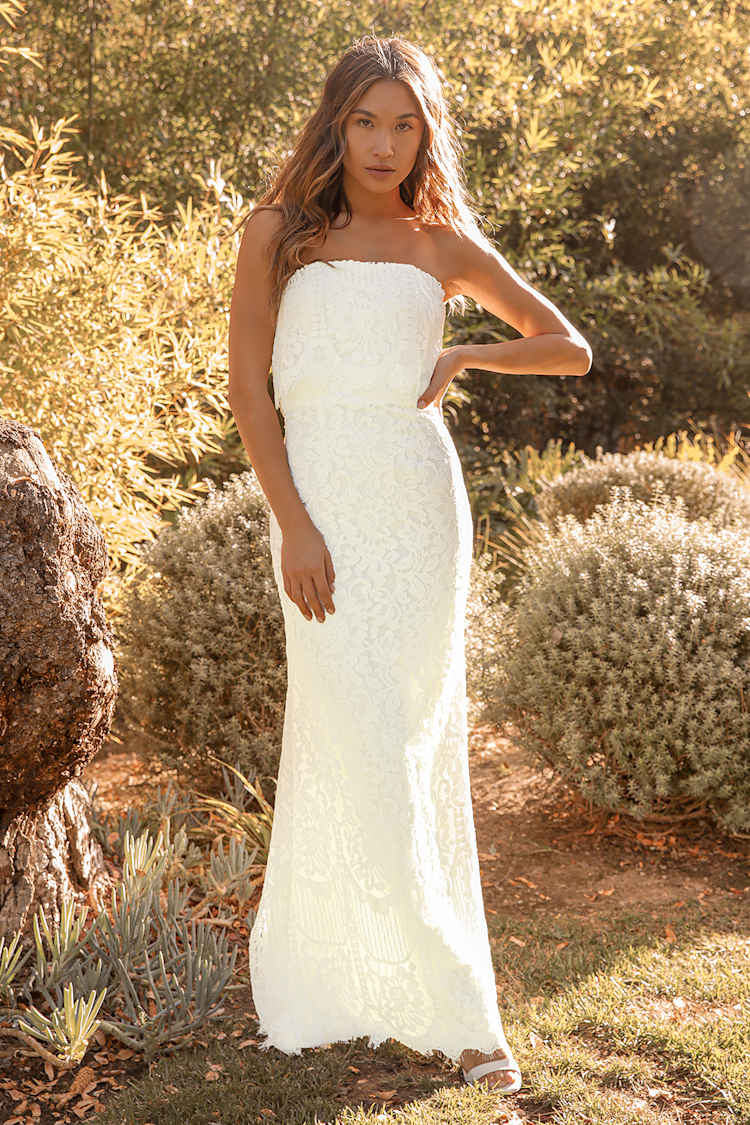 White Lace Maxi - Strapless Maxi - Flounce Strapless Maxi Dress - Lulus White Lace Maxi - Strapless Maxi - Flounce Strapless Maxi Dress - Lulus