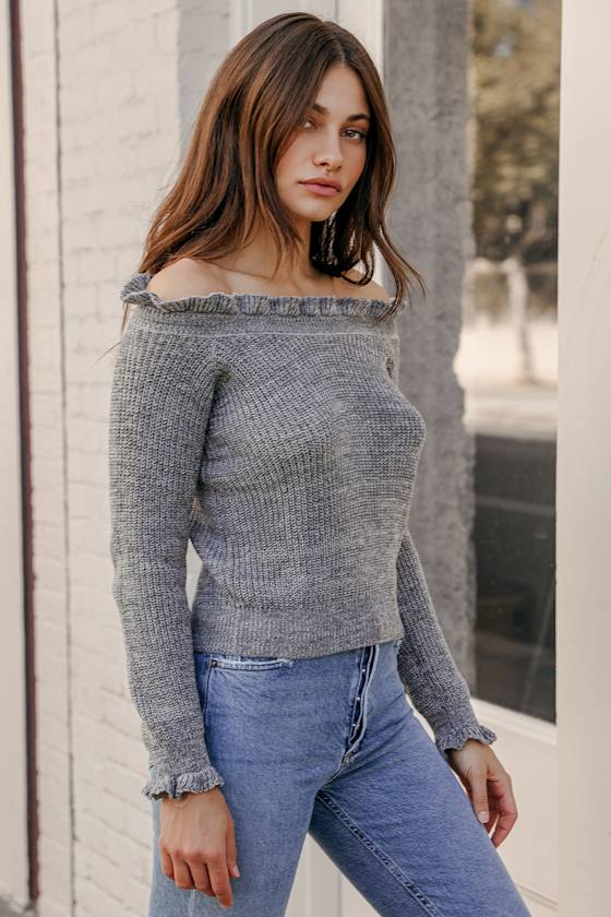 Come Warm Up Heather Grey Ruffled Off-the-Shoulder Sweater 1