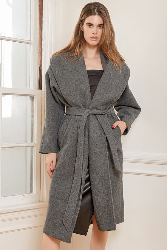 Charcoal Grey Coat Tie Coat Robe Coat Belted Midi Coat Lulus