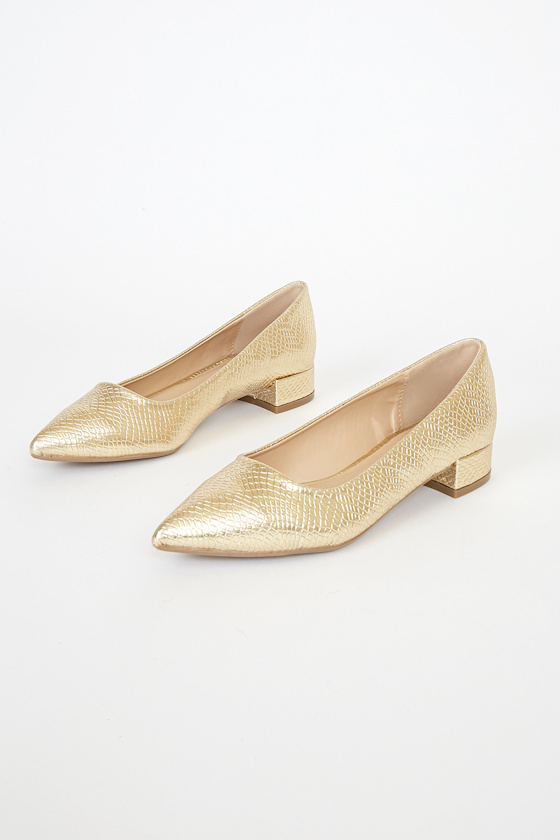 Alessia Gold Snake Embossed Low Pointed-Toe Heels 3