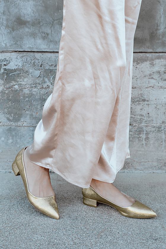 Alessia Gold Snake Embossed Low Pointed-Toe Heels 1