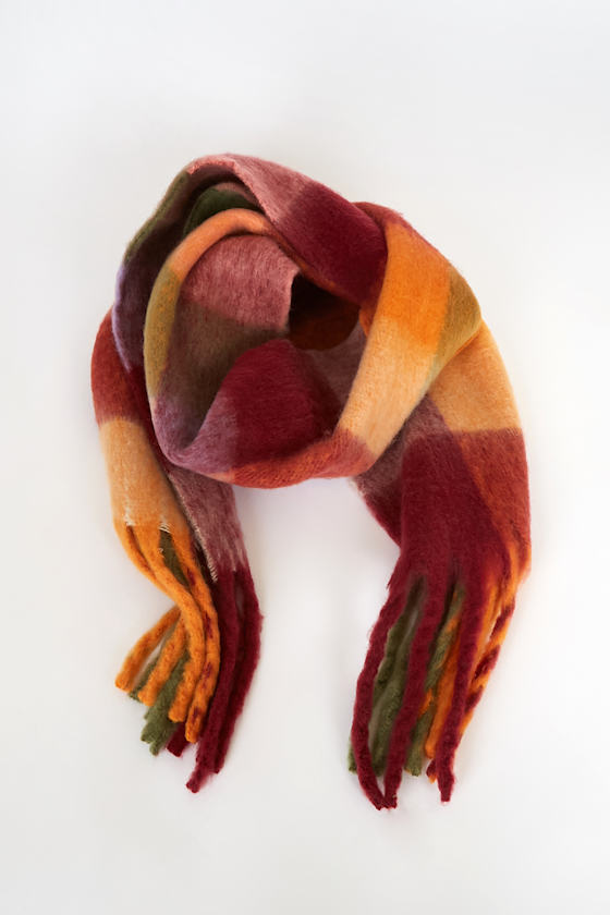 Orange Multi Plaid Scarf Fuzzy Knit Scarf Fringe Scarf Lulus