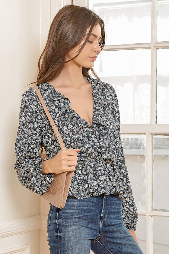 Hunter Green Floral Top - Ruffled Surplice Top - Long Sleeve Top - Lulus