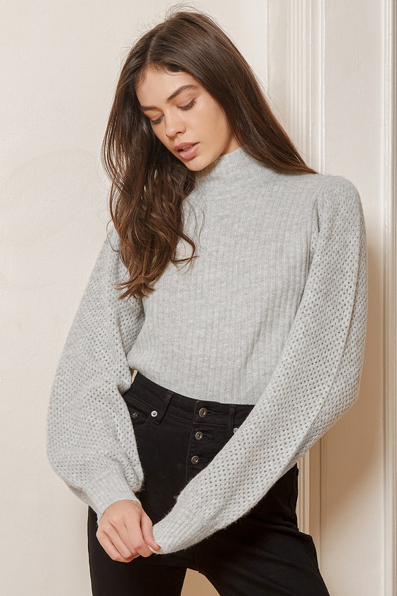 Heather Grey Sweater - Pointelle Knit Sweater - Mock Neck Sweater - Lulus
