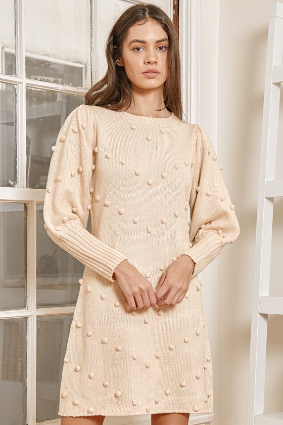 Falling Towards You Beige Pom Pom Mini Sweater Dress 6