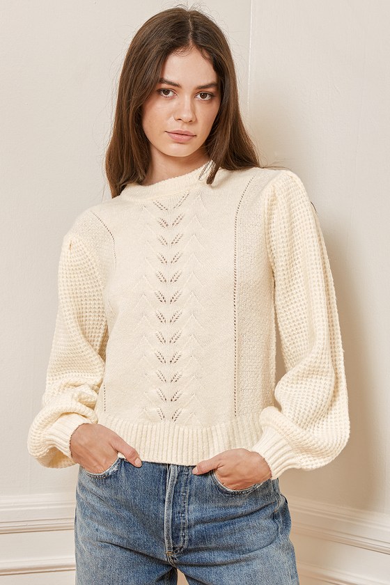 Ivory Sweater - Cozy Knit Sweater - Puff Shoulder Sweater - Lulus