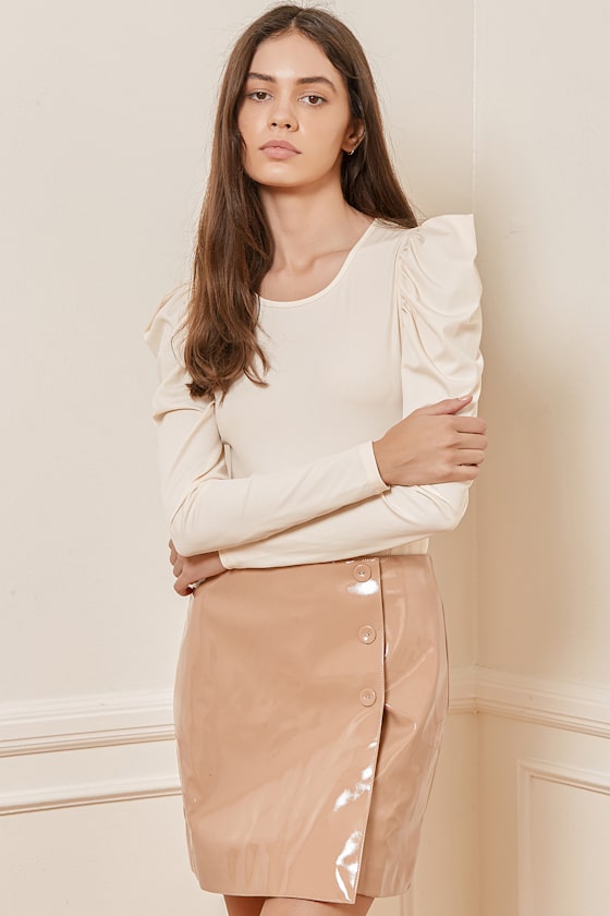 Cream Bodysuit - Long Sleeve Bodysuit - Puff Shoulder Bodysuit - Lulus