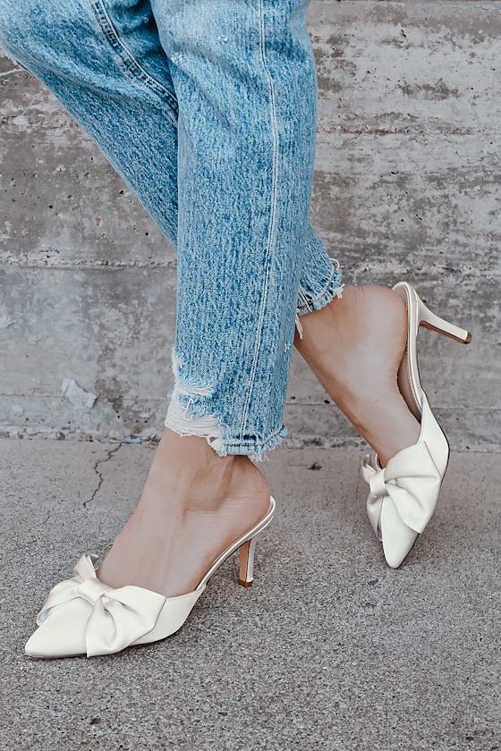 Lyle Ivory Satin Pointed-Toe Mules 1