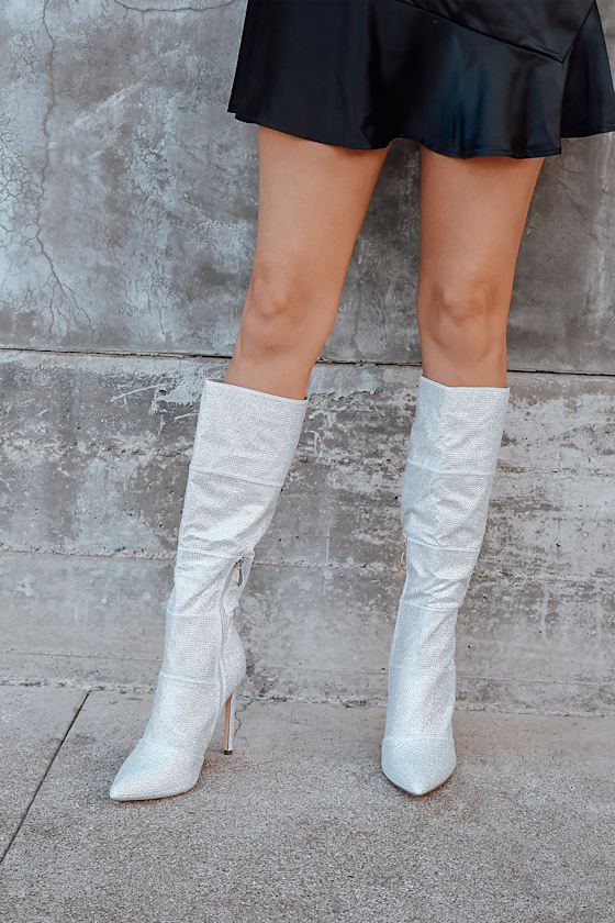 Kandee Silver Rhinestone Pointed-Toe Knee High Boots 1
