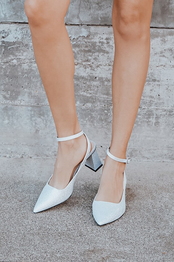 Annais Silver Glitter Pointed-Toe Ankle Strap Pumps