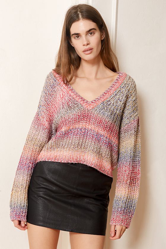 Pink Multi Sweater - V-Neck Sweater - Drop Shoulder Sweater - Lulus