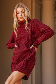 Cuddle Up Close Burgundy Cable Knit Turtleneck Sweater Dress