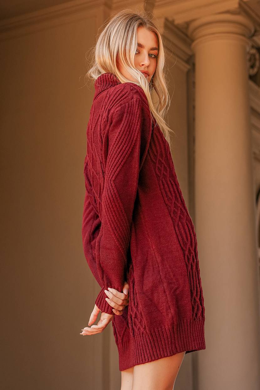 Cuddle Up Close Burgundy Cable Knit Turtleneck Sweater Dress