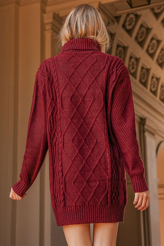Cuddle Up Close Burgundy Cable Knit Turtleneck Sweater Dress - thumbnail 4