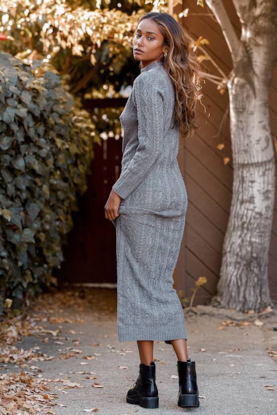 Grey Sweater Dress - Midi Dress - Cable Knit Sweater Dress - Lulus