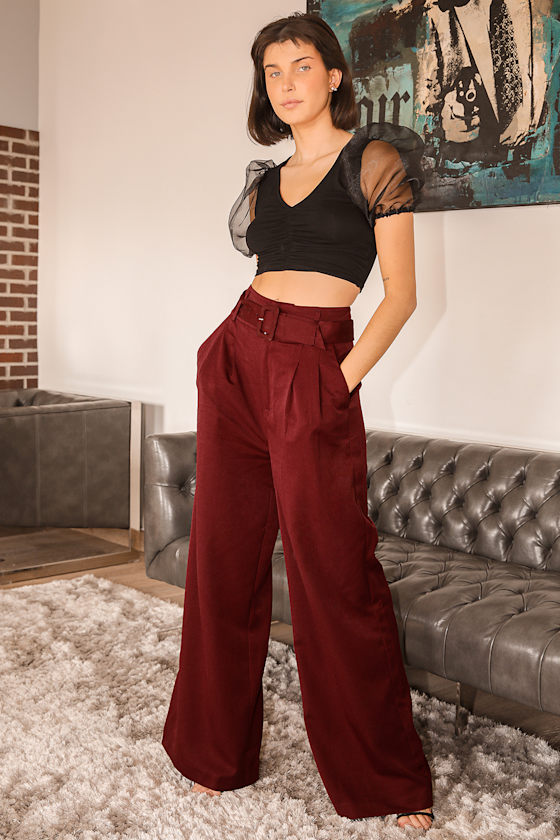 Photo Ready Burgundy High Waisted Wide-Leg Belted Pants 4