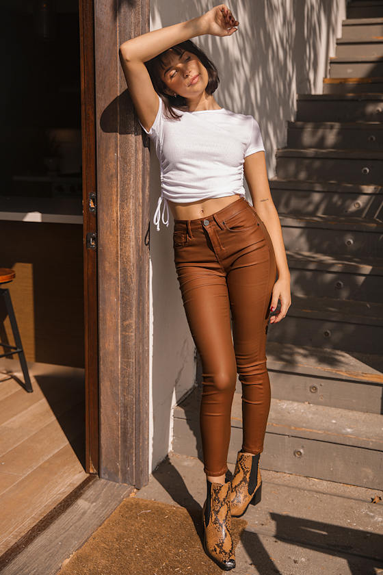 Olivia Chestnut Brown Vegan Leather High Waisted Skinny Jeans 6