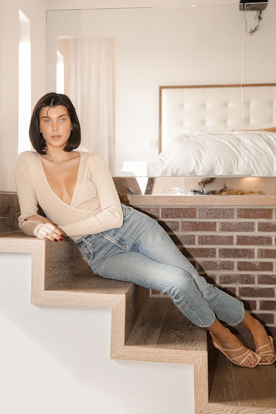 Thanks to You Beige Ribbed Surplice Sweater Top 4