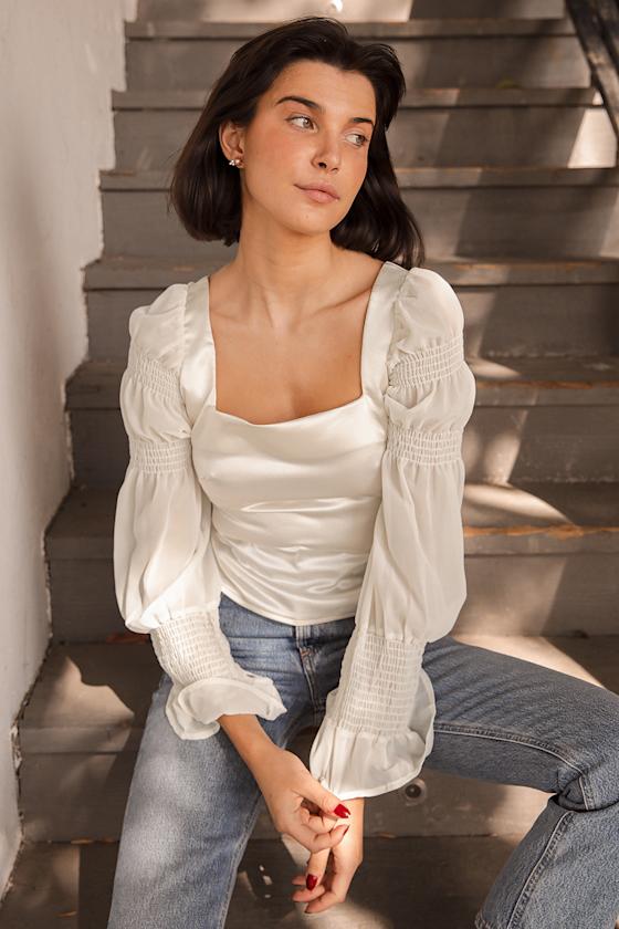 Style Streak Ivory Satin Square Neck Tie-Back Long Sleeve Top 4