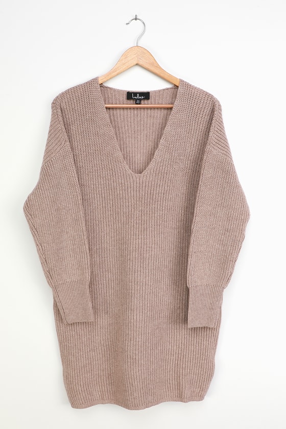 Trendy Taupe Sweater Dress - Mini Sweater Dress - V-Neck Dress - Lulus