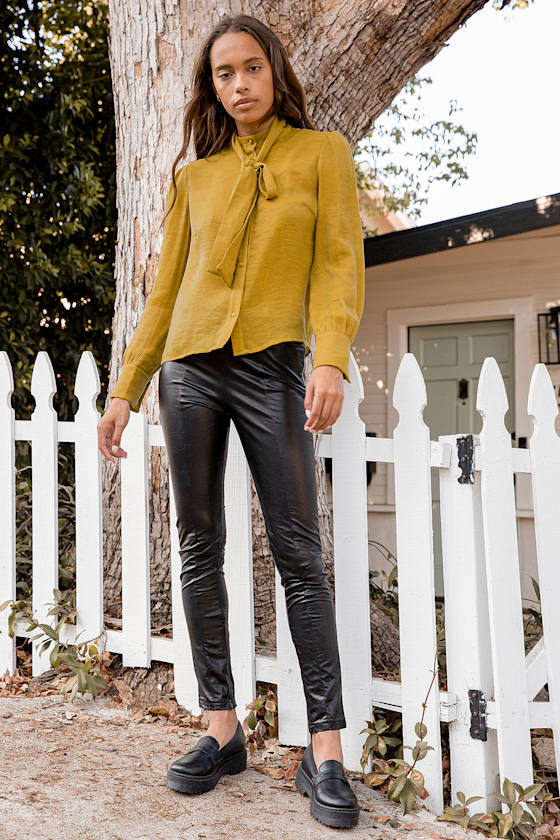 Mustard Yellow Tie-Neck Top - Long Sleeve Blouse - Button-Up Top