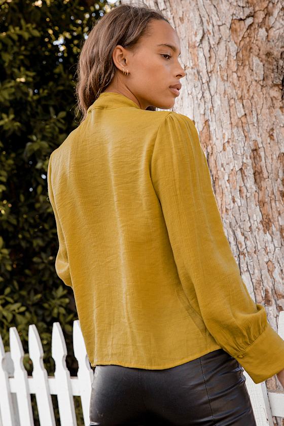 Mustard Yellow Tie-Neck Top - Long Sleeve Blouse - Button-Up