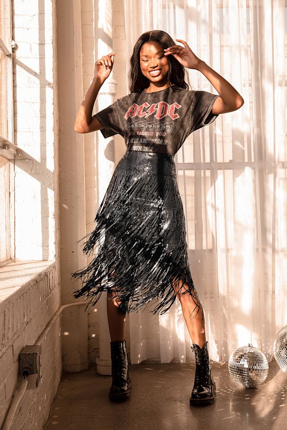 Most Radiant Black Sequin Fringe Midi Skirt 7