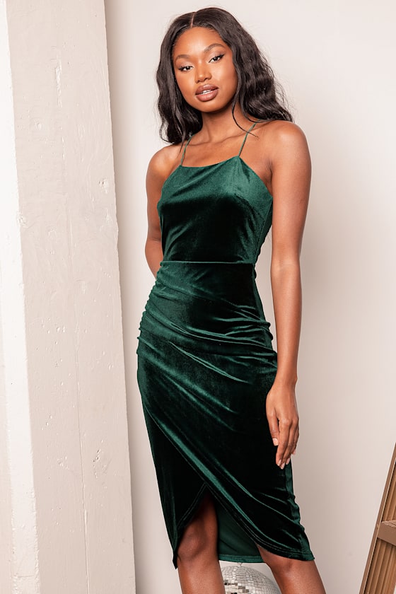 Emerald Green Dress - Velvet Midi Dress - Luxe Tulip Midi Dress - Lulus