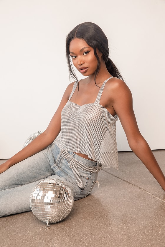 When the Party Calls Silver Rhinestone Chainmail Crop Top