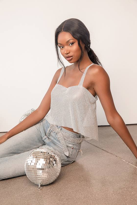 When the Party Calls Silver Rhinestone Chainmail Crop Top 6