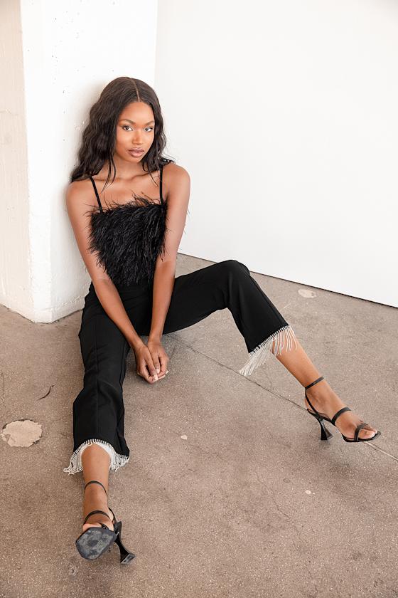 Sparkling Forever Black Rhinestone Fringe Cropped Pants 4