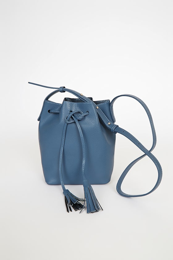 You Go Girl Slate Blue Drawstring Crossbody Bucket Bag 1