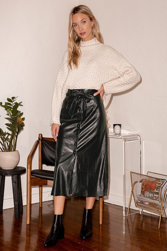 Simple Pleasures Black Vegan Leather Button-Front Midi Skirt 6