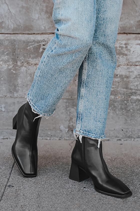 Hedda Black Leather Square-Toe Mid-Calf Boots 1