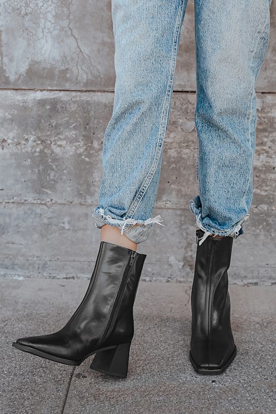Hedda Black Leather Square-Toe Mid-Calf Boots 2