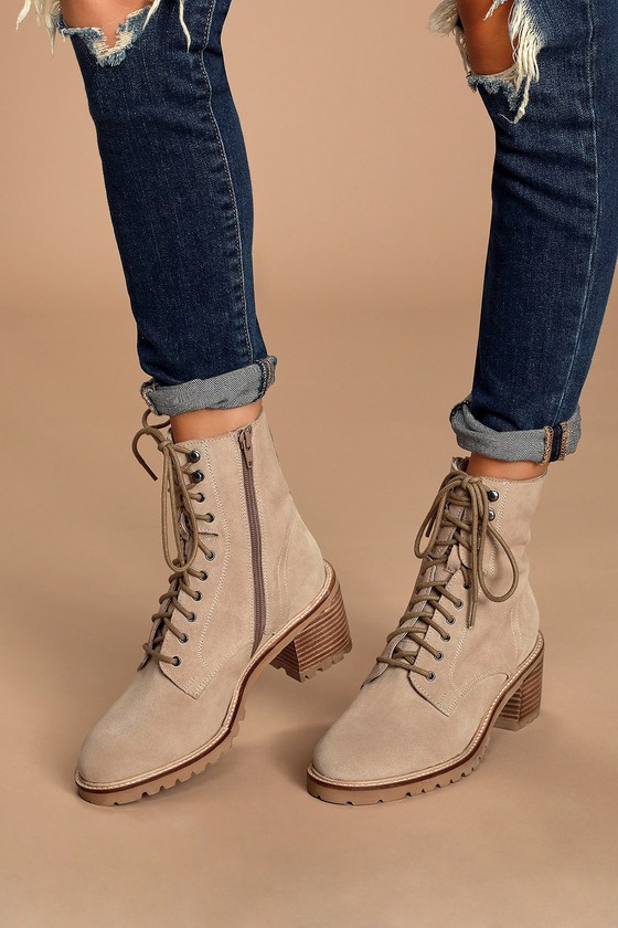 Irresistible Sand Suede Leather Mid-Calf Lace-Up Boots