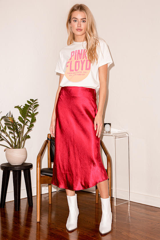 What a Wonderful Feeling Berry Red Satin Midi Skirt 1