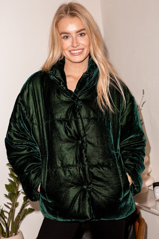 green velvet puffer jacket