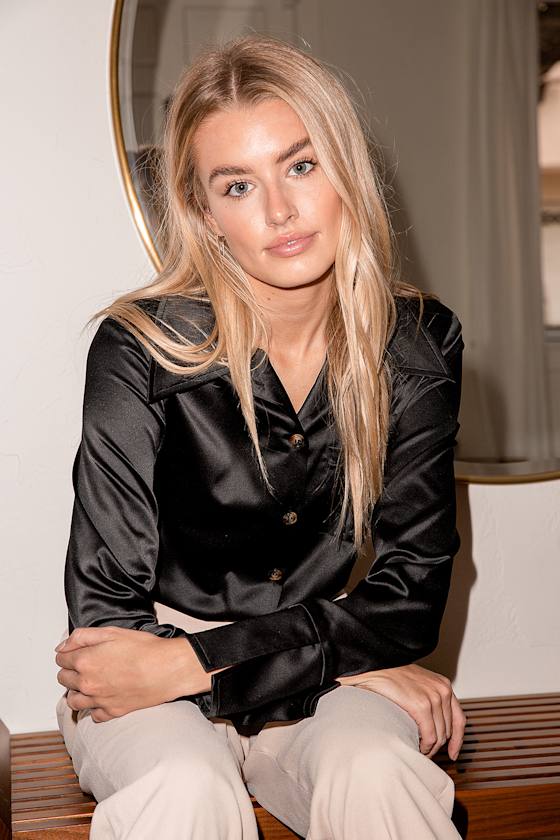 Black Satin Top - Collared Button-Up Blouse - Long Sleeve Top - Lulus