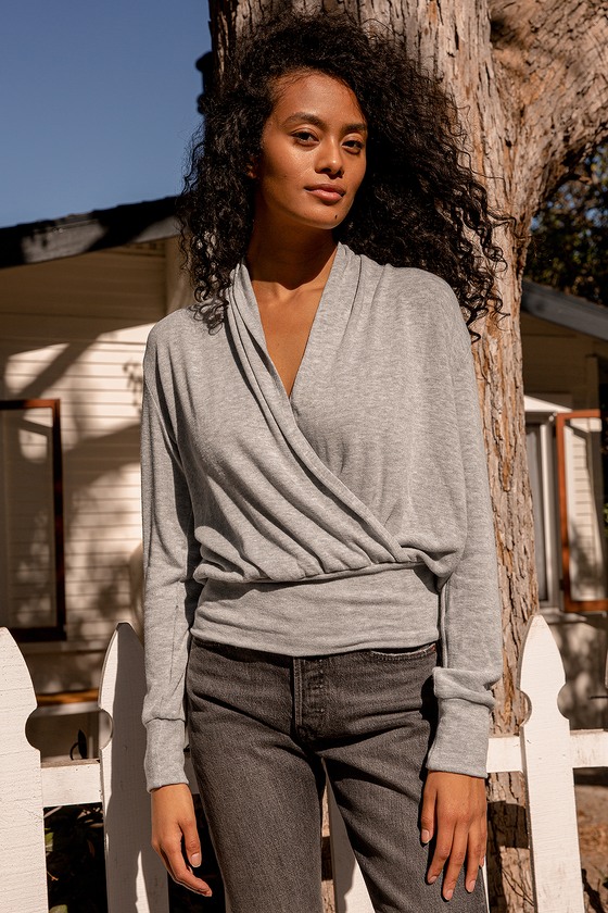 Heather Grey Top - Surplice Sweater Top - Long Sleeve Top - Lulus