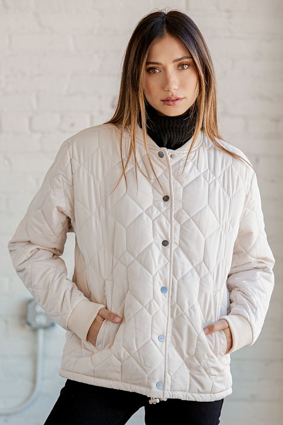 RVCA Downtown Quilted Bomber Oatmeal Jacket Ivory Bomber Lulus